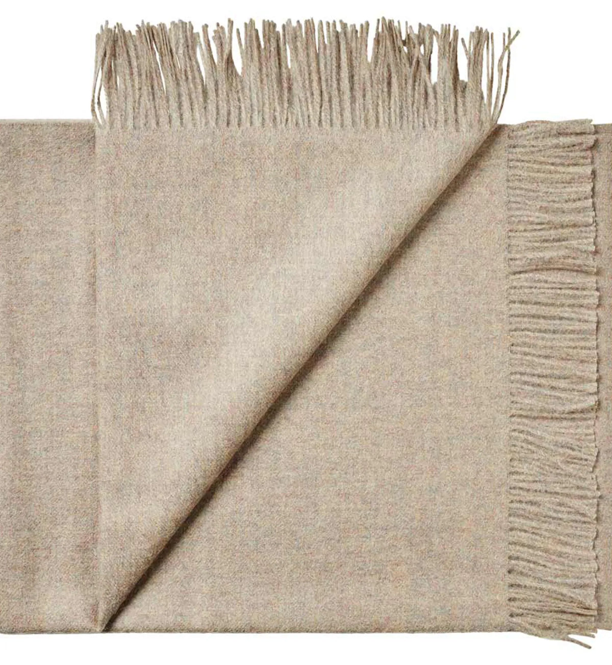 A folded beige scarf with fringed edges, shown against a plain white background.