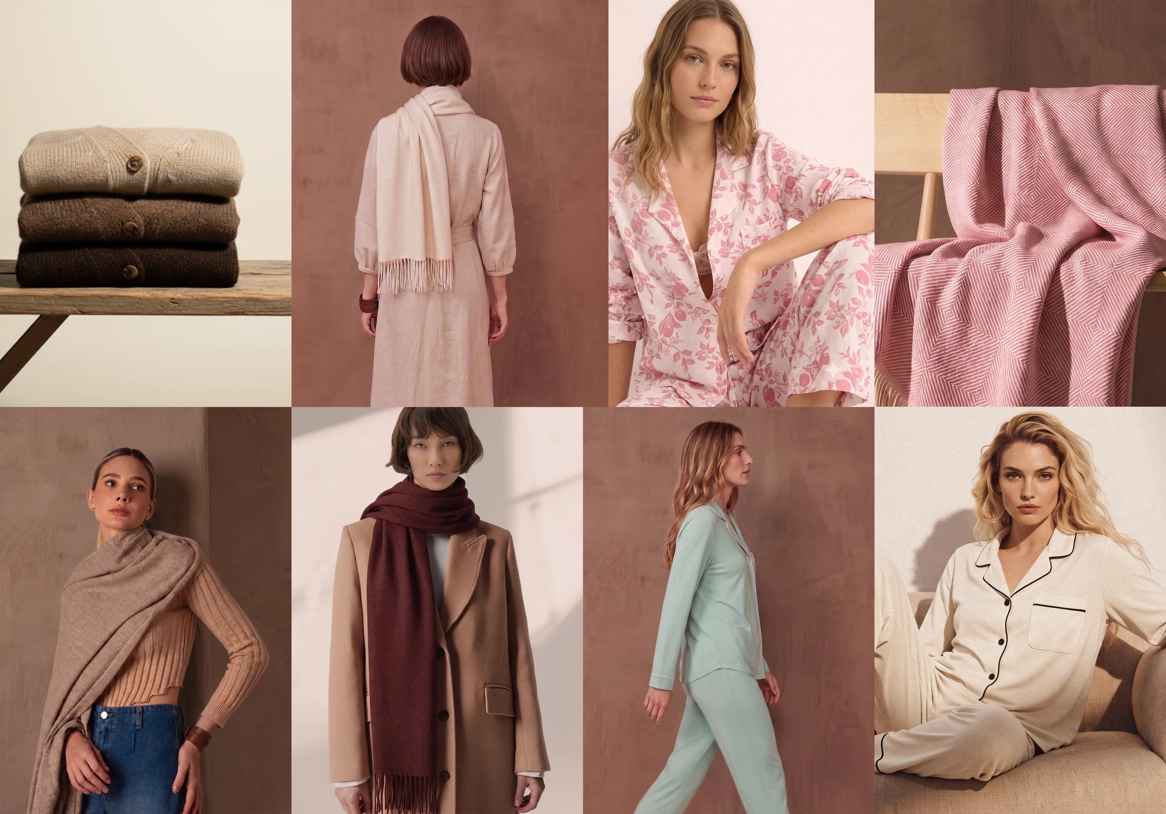 A 3x3 collage of cozy home textiles and loungewear in warm neutral and pastel tones, featuring folded sweaters, shawls, scarves, a pink knit blanket draped over a chair, a matching floral robe, a beige wrap, a brown scarf, a mint green pajama set, and cream pajamas with black piping.