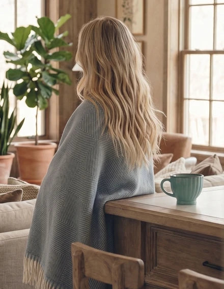 Woman sitting at a wooden table with a green mug, wrapped in a blanket, in a cozy room.