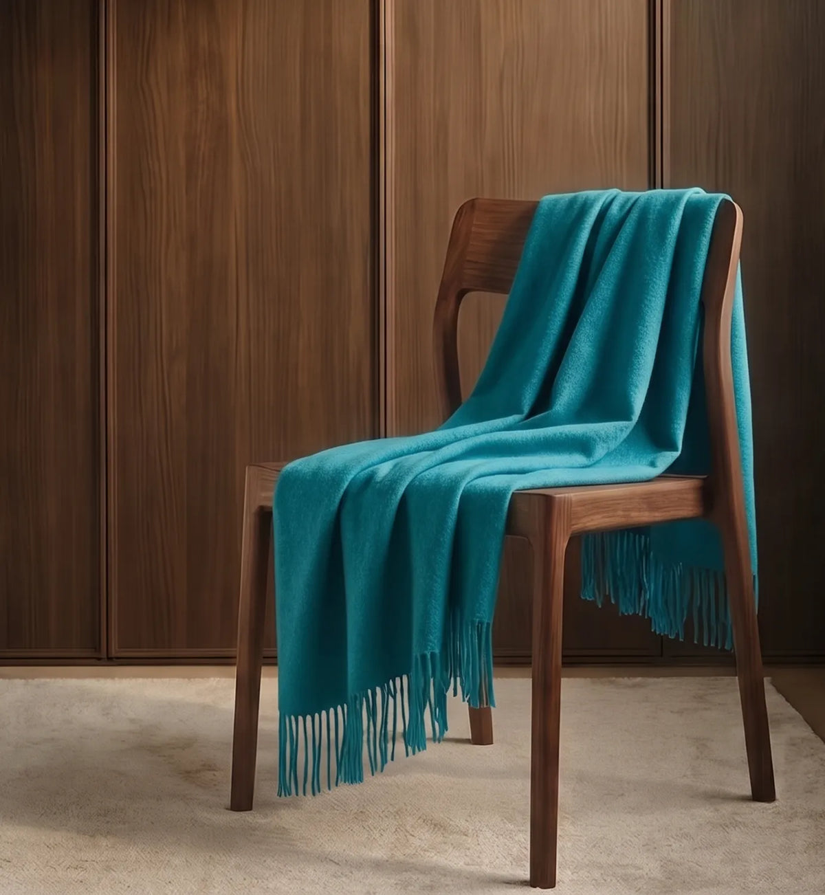 A teal blue throw blanket with fringe detailing draped over a mid-century modern wooden chair against a dark wood-paneled wall.