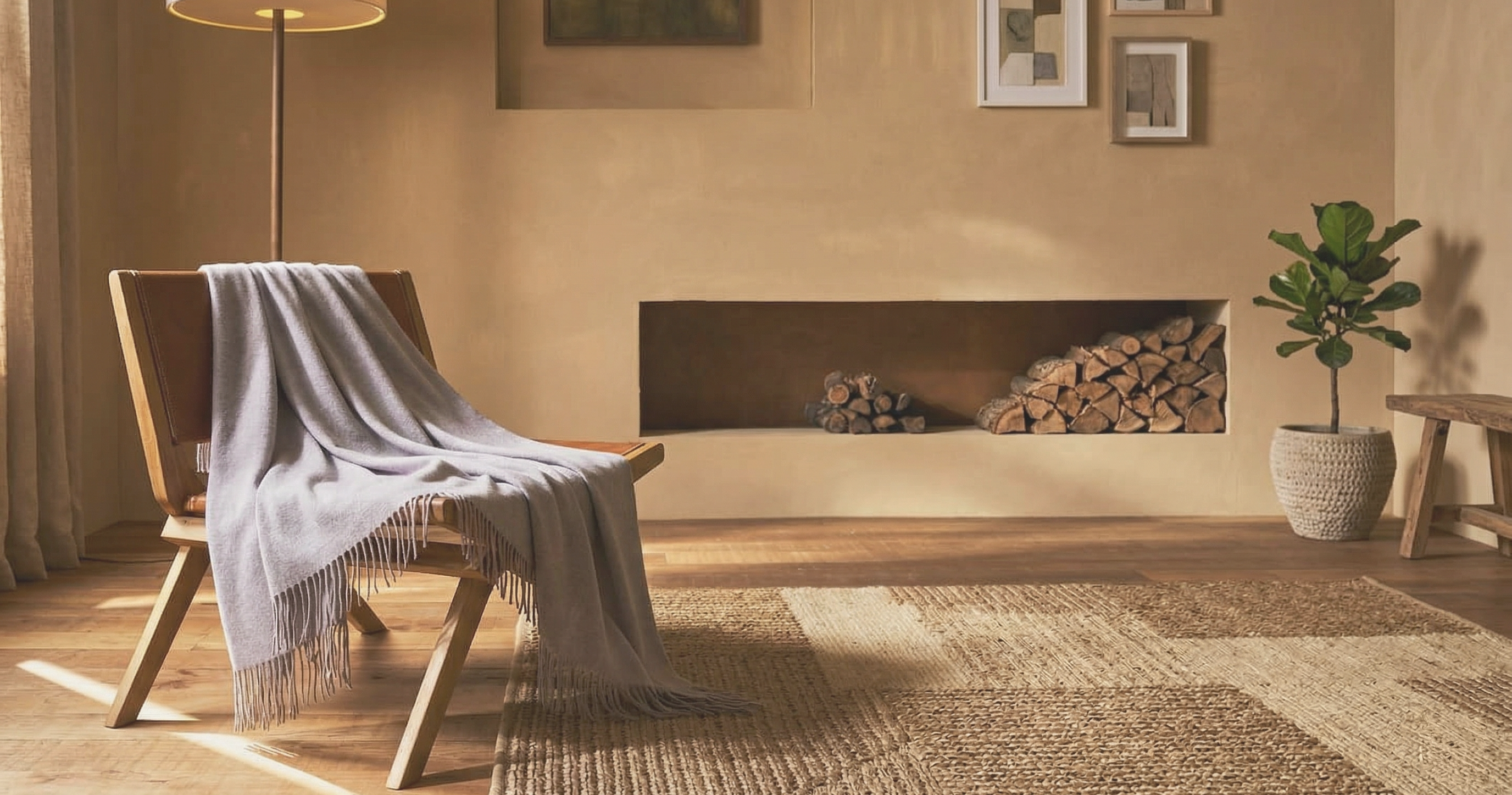 Cozy living room with a fireplace, chair with a blanket, and potted plant.