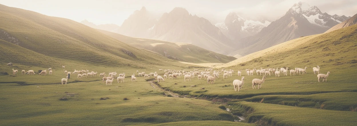 alpacas grazing on a lush green field with mountains in the background