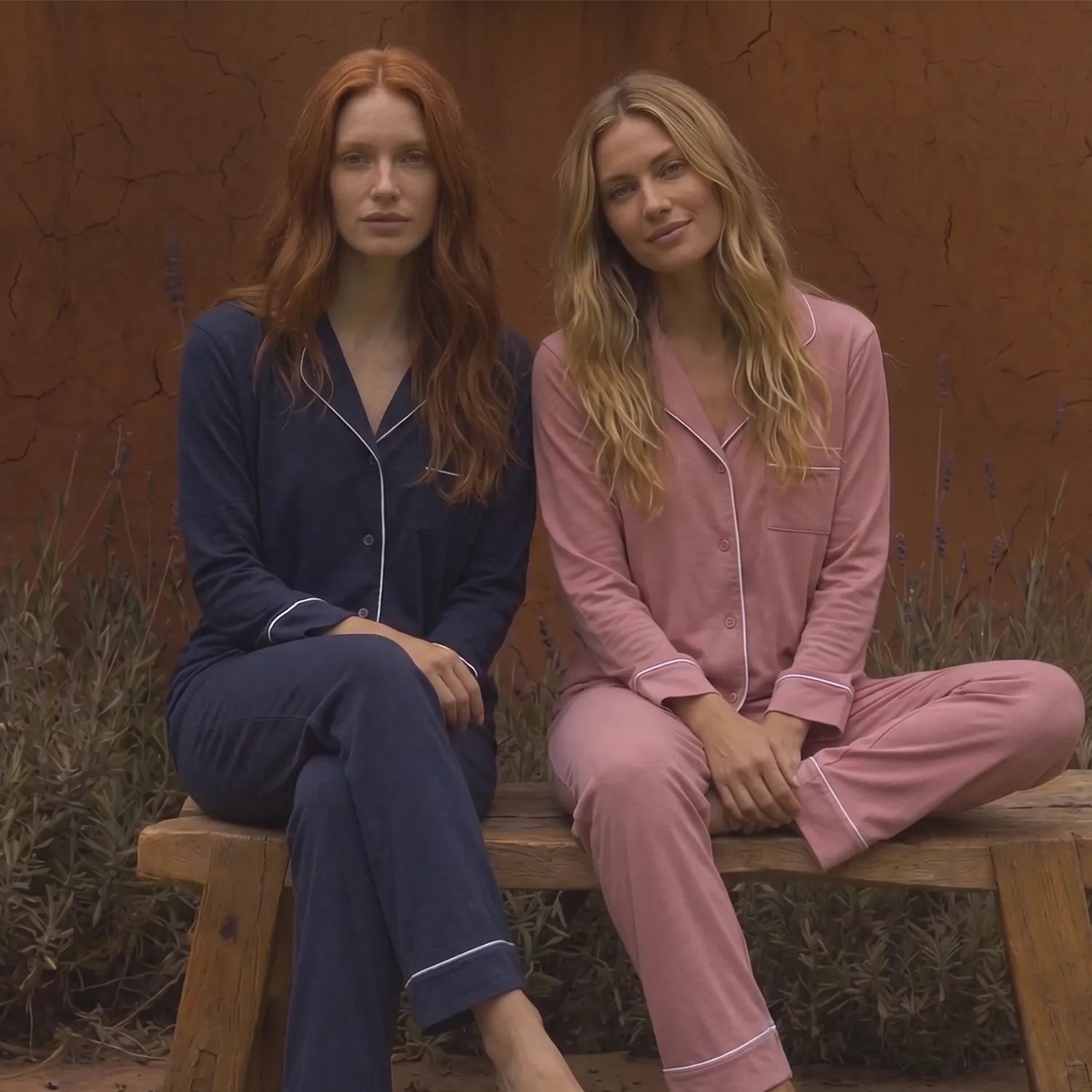 Two women sitting on a wooden bench wearing matching pajama sets, one in navy blue and one in dusty pink, with white piping trim, set against a textured brown wall.