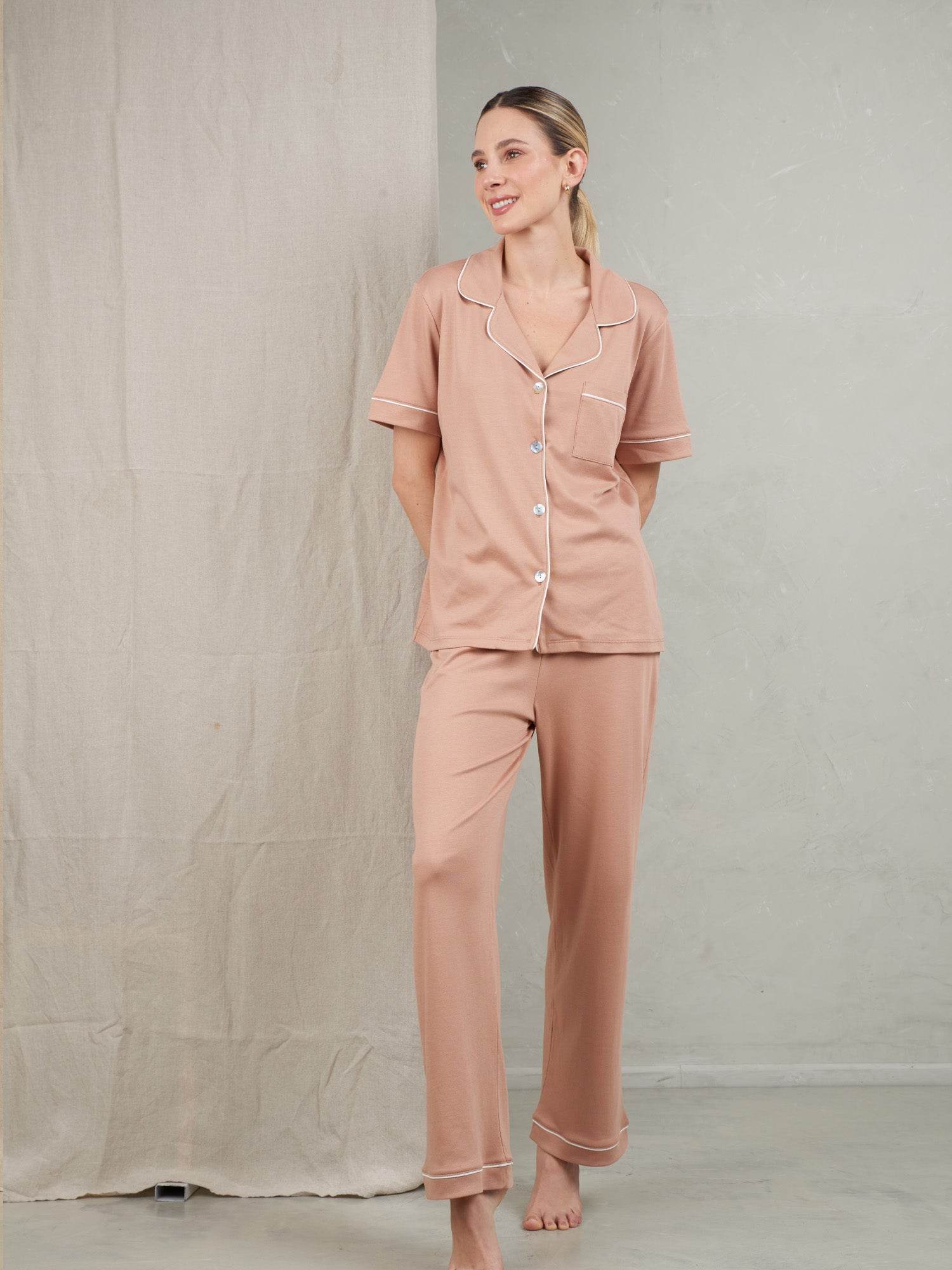 Organic Peruvian Pima Cotton Pyjama - Brown Long Set - INKA FABRIC, Alpaca & Pima Cotton
