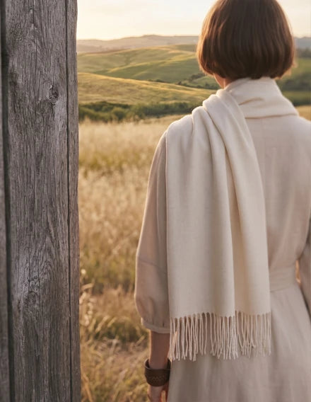 Person wearing a beige scarf standing in a field with rolling hills.