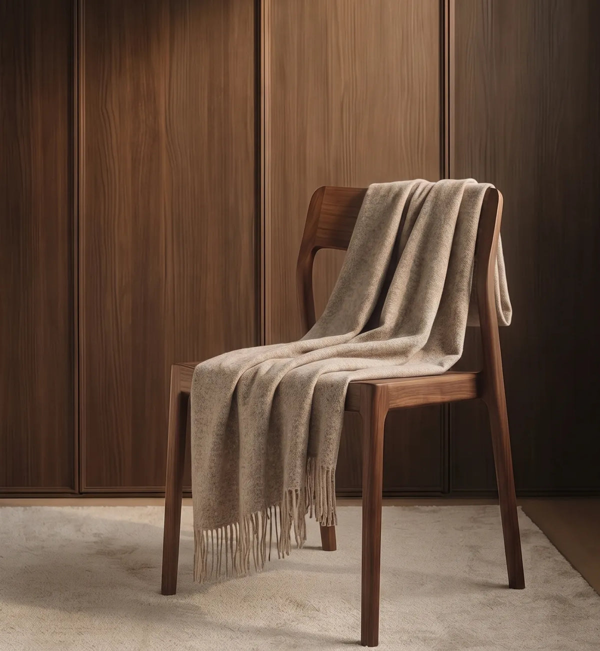 A beige knit throw blanket with fringe is draped over a wooden chair in a warm, minimalist room with dark wood paneled walls.