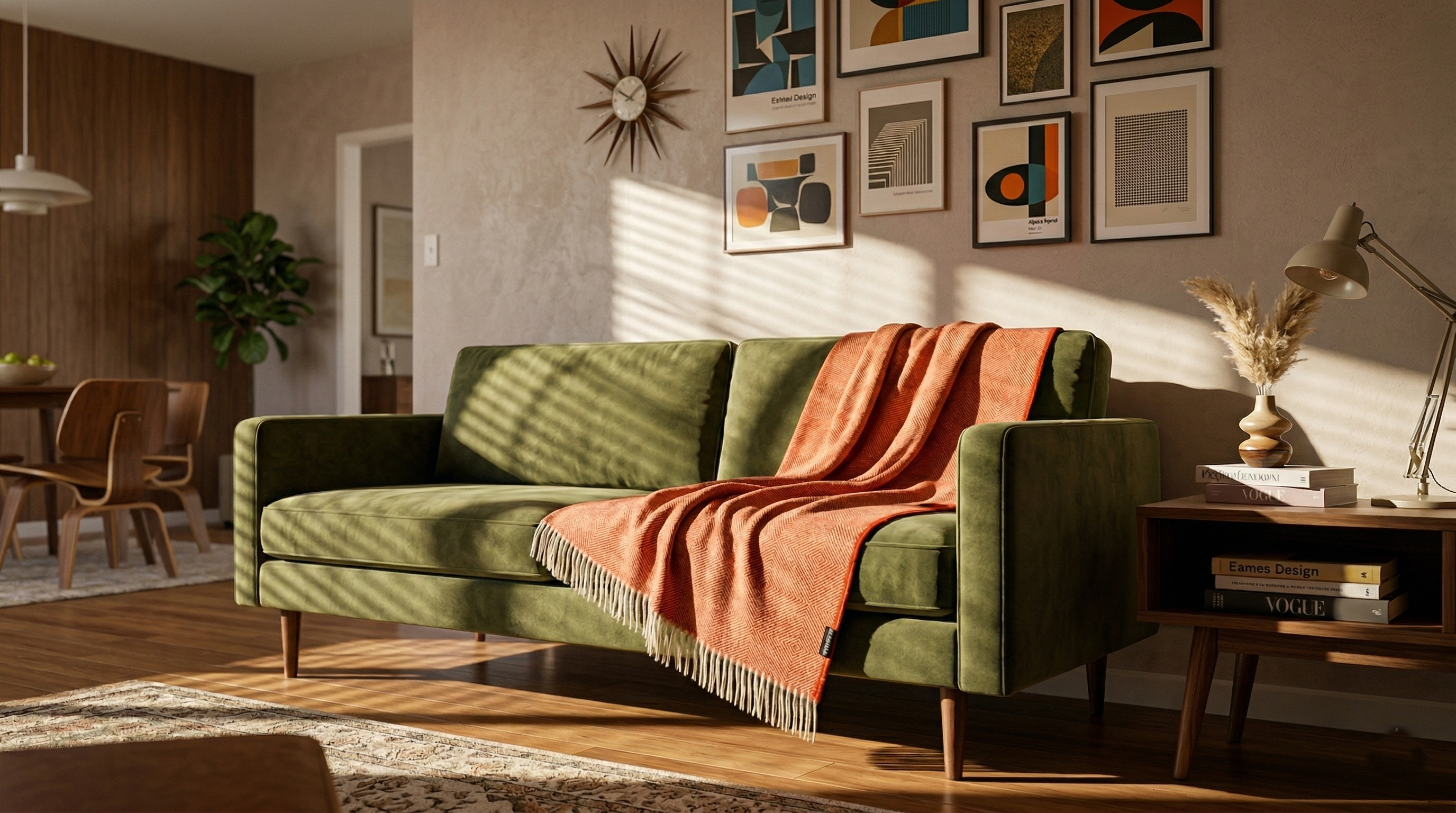 Green sofa with an orange blanket in a living room setting