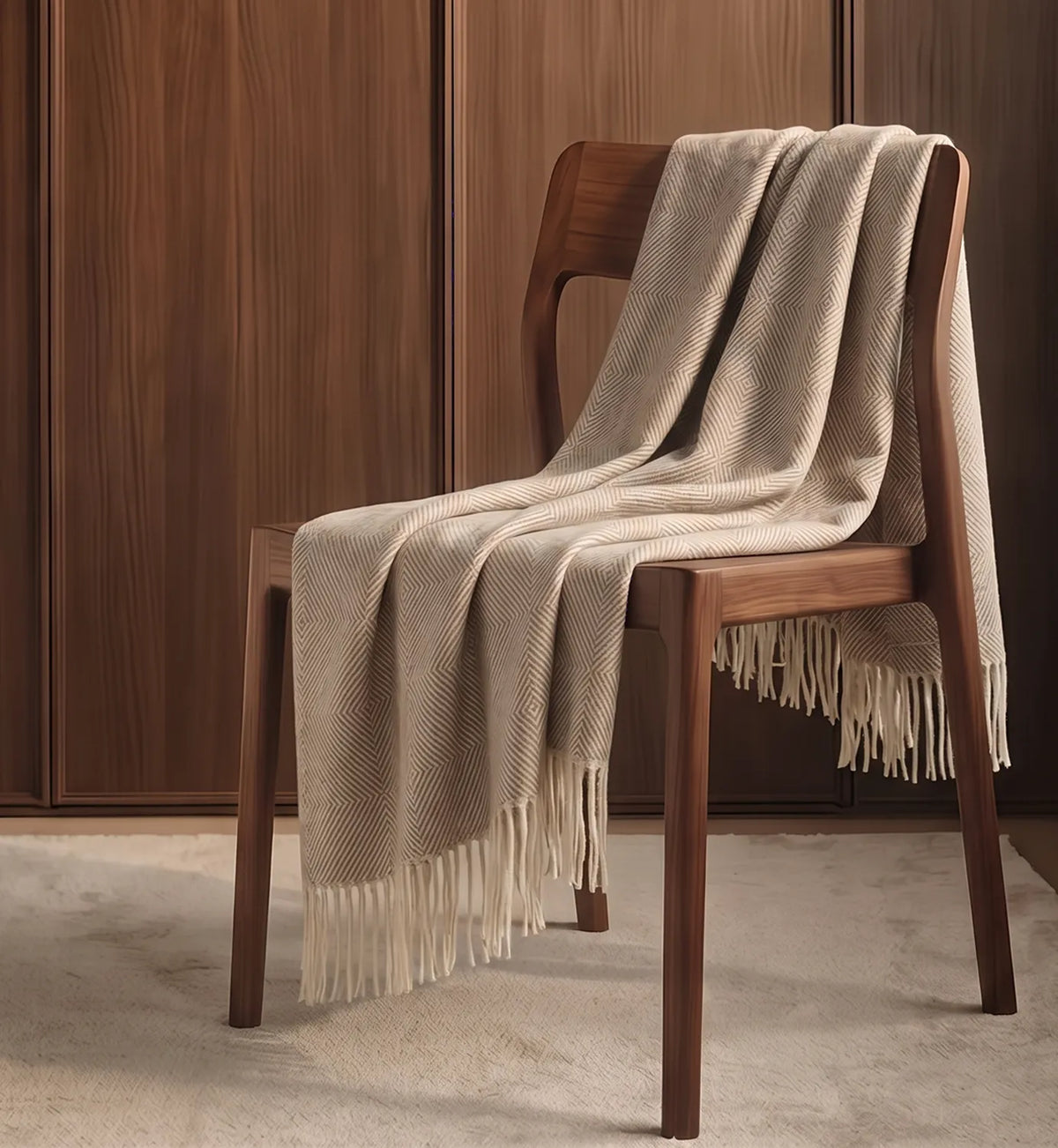 A beige textured throw blanket with cream fringe is draped over a dark brown wooden chair in a room with matching wood paneling and a light rug.