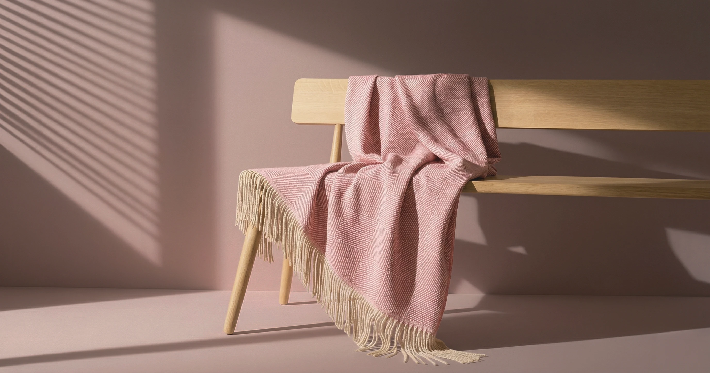 Pink blanket with fringes draped over a wooden bench against a neutral wall.