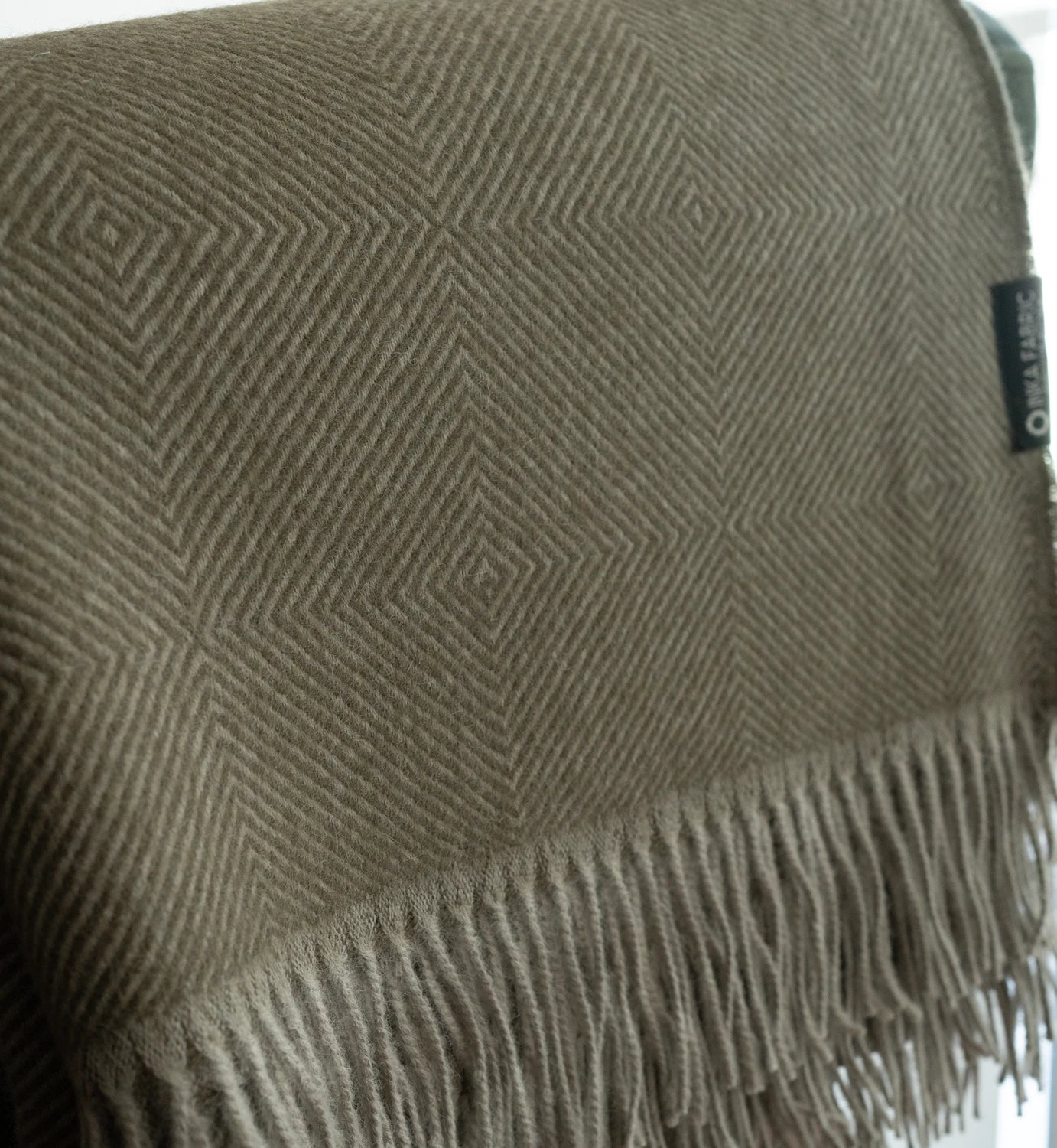 Textured green blanket with geometric pattern and fringes on a white background