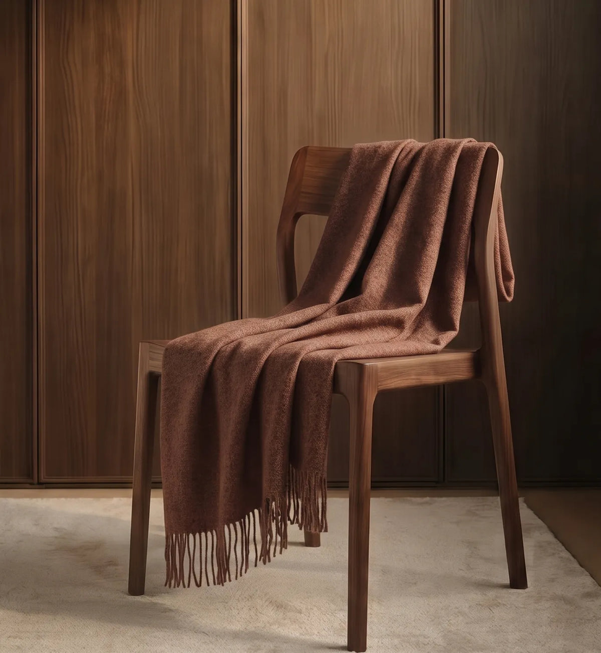 A brown knit throw blanket with fringe is draped over a wooden chair in a warm, minimalist room with dark wood paneling.