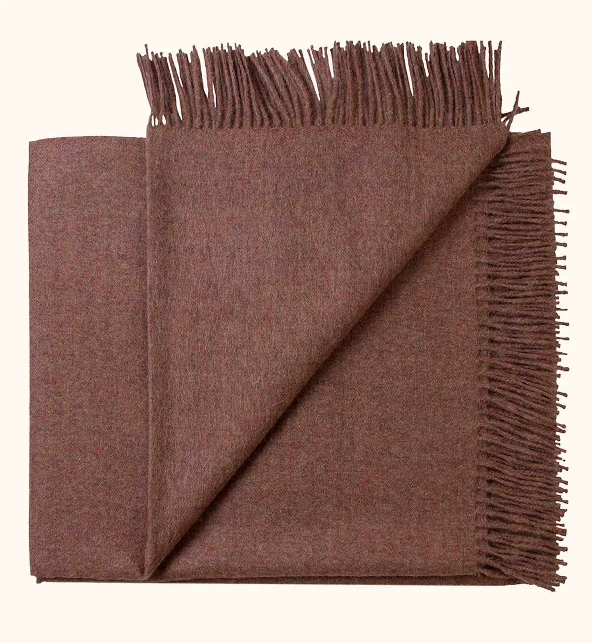 A folded brown woven scarf with fringed edges, displayed on a clean off-white background.