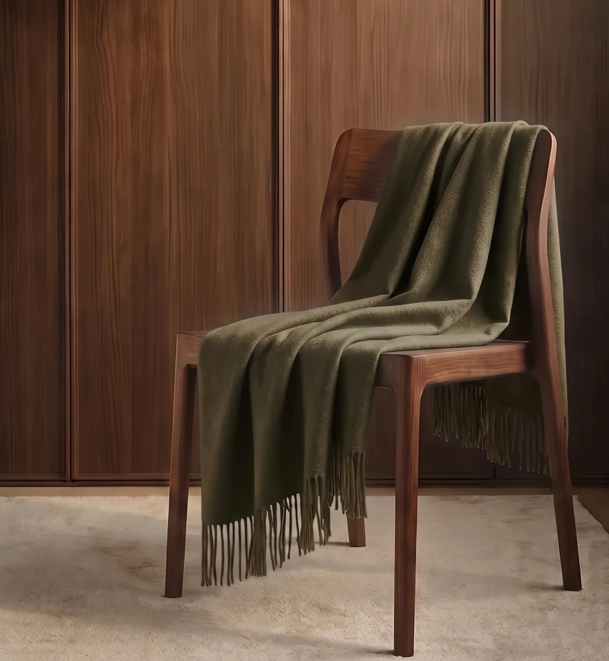An olive green throw blanket with fringe detailing draped over a dark brown wooden chair in a room with a matching wood-paneled wall and a light beige carpet.